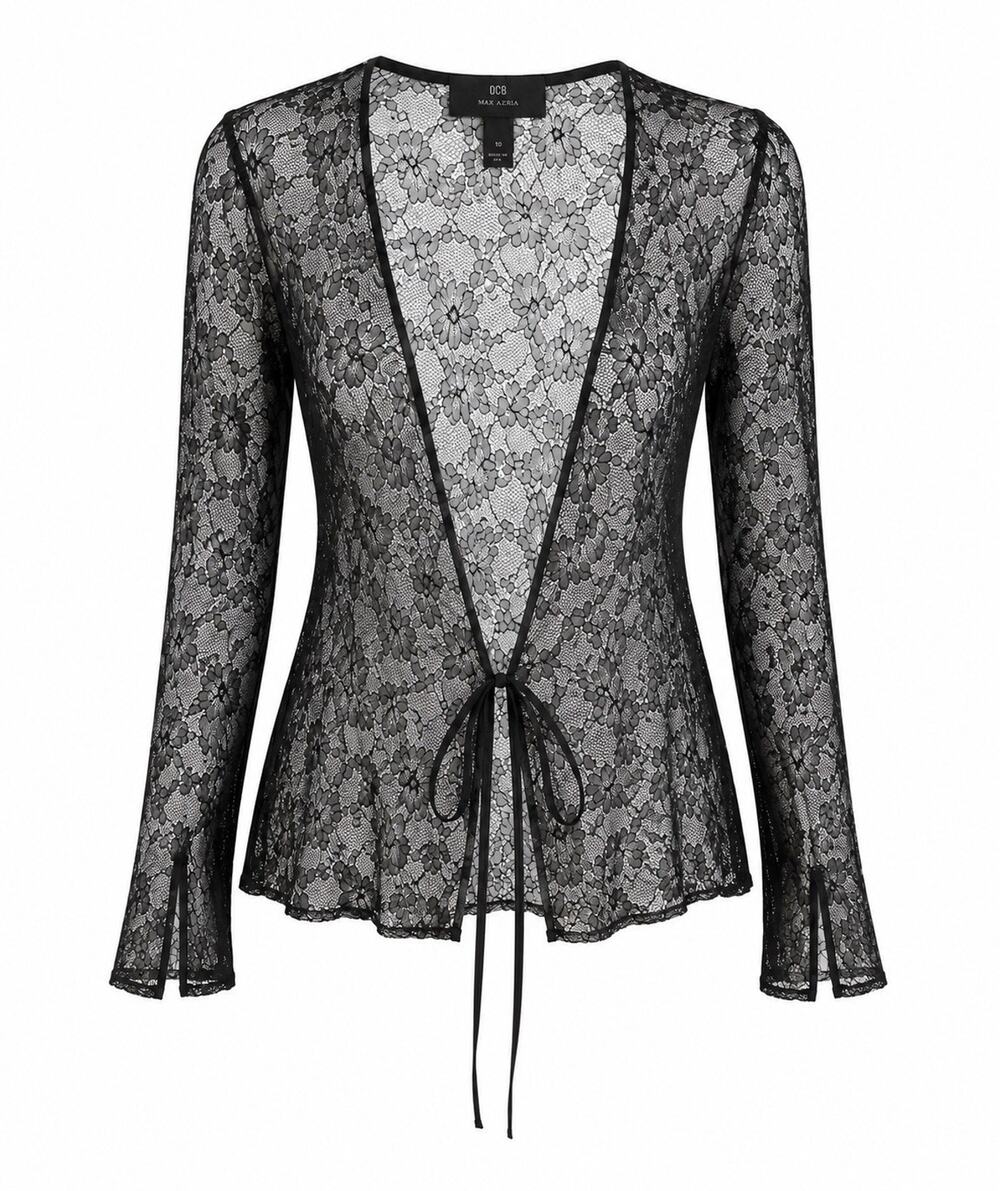 BCBG Max Azria Black Floral Lace Tie Front Cardigan Bell Sleeve Sheer Y2K 10 EUC